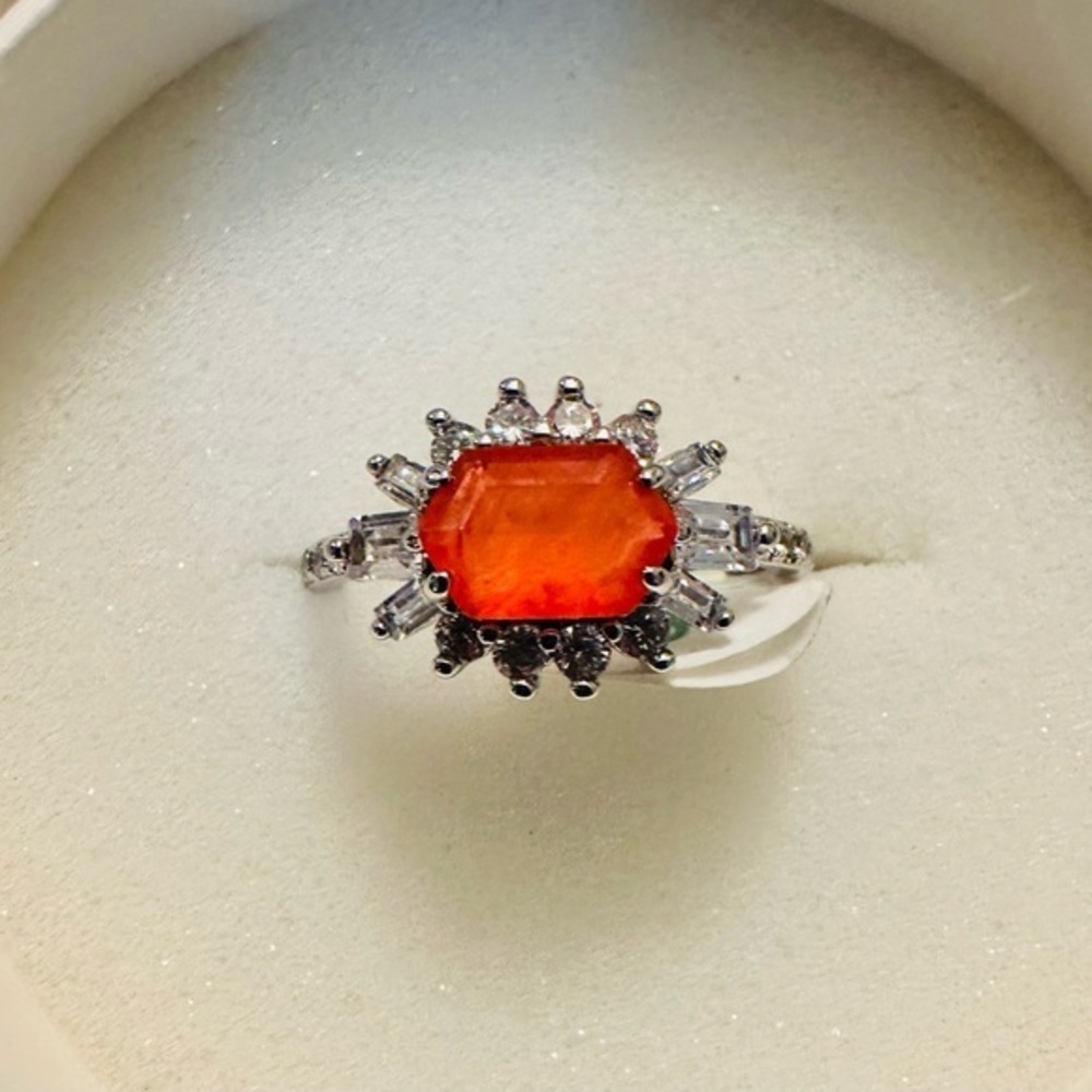 Bomb Party BP Ring - Size 8 - Orange Red Stone CZs - Rhodium Plated
